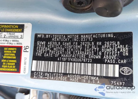 2013 Toyota Camry Le z USA, uszkodzony, nr VIN 4T1BF1FK8DU678723